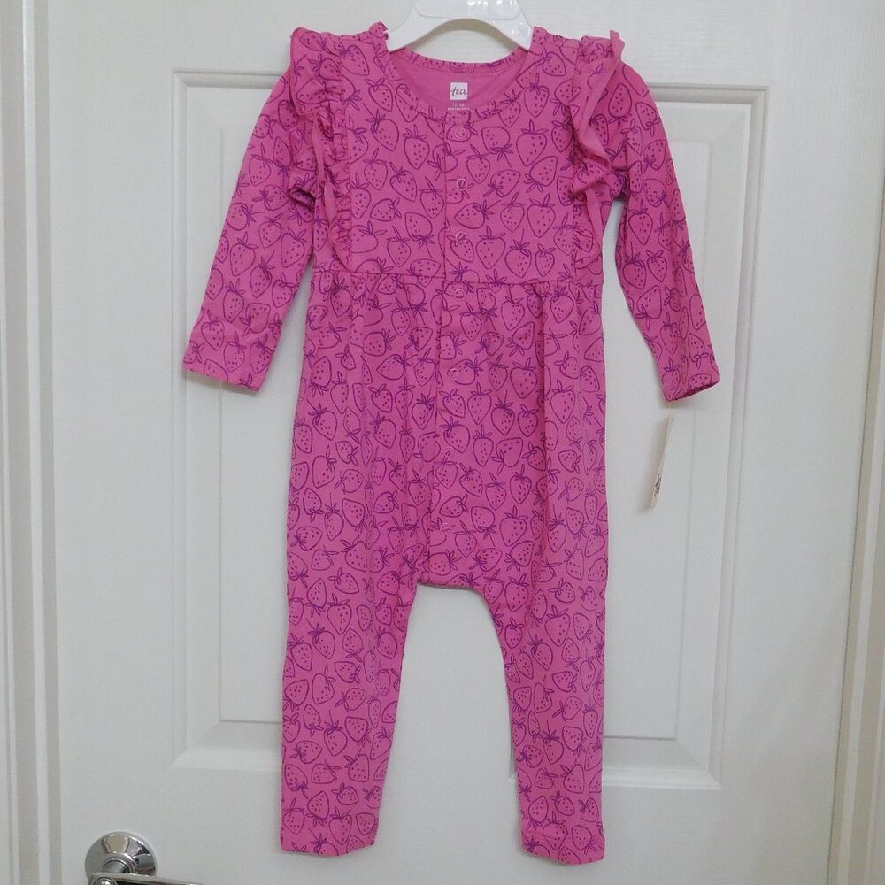 NWT Tea Collection Pink Strawberry Print Long Sleeve Romper sz 12-18 Months
